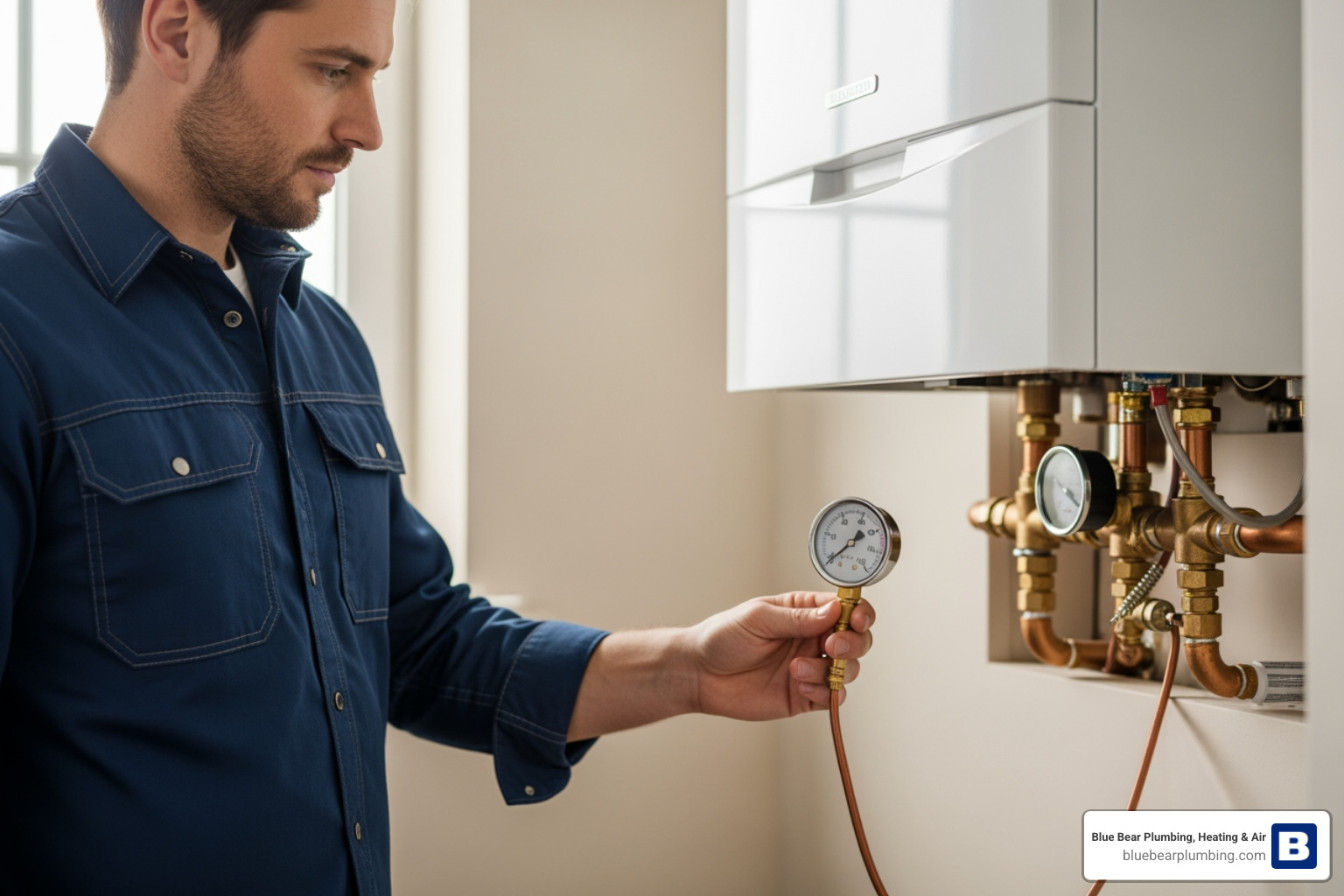 Homeowner checking a pressure gauge on a residential boiler system Homeowner checking a pressure gauge on a residential boiler system