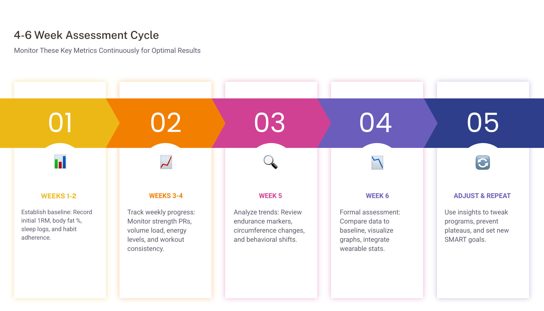 Infographic showing the 4-6 week assessment cycle with metric categories and review frequency infographic Infographic showing the 4-6 week assessment cycle with metric categories and review frequency infographic