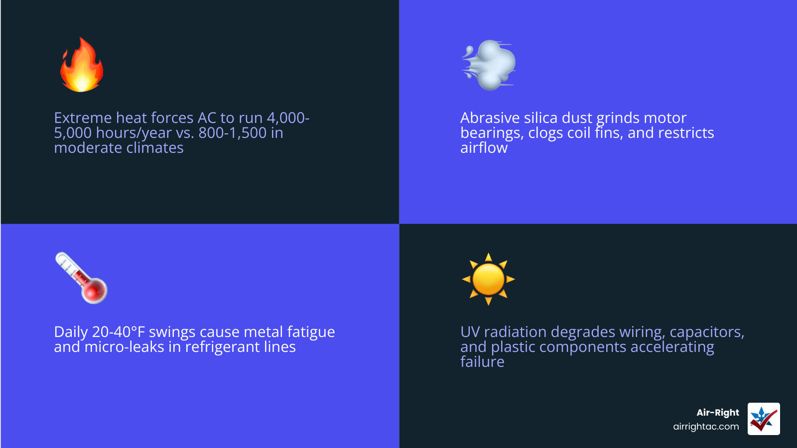 Infographic showing the Desert Tax on HVAC lifespan: national average vs Las Vegas, key damage causes infographic