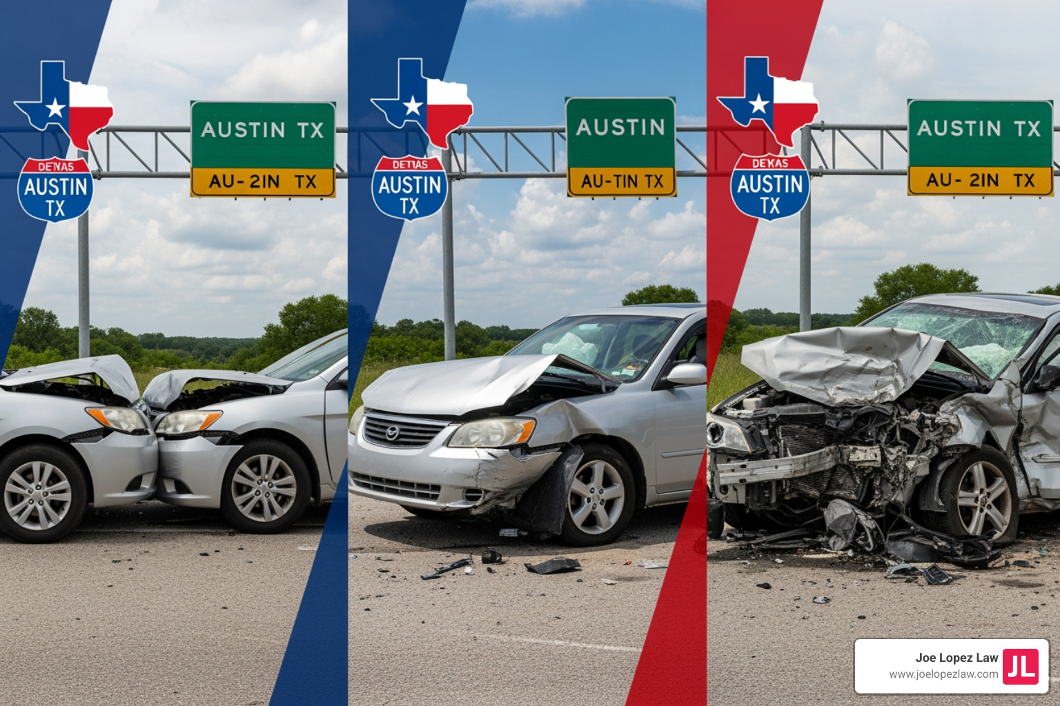 Car crash with varying damage levels, from minor fender-bender to severe wreckage