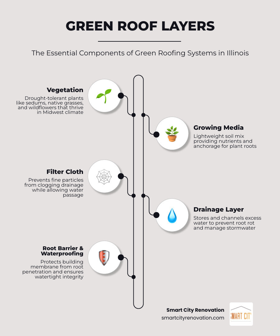 Green roof layers infographic: vegetation, growing media, filter cloth, drainage, root barrier, waterproofing membrane Green roof layers infographic: vegetation, growing media, filter cloth, drainage, root barrier, waterproofing membrane