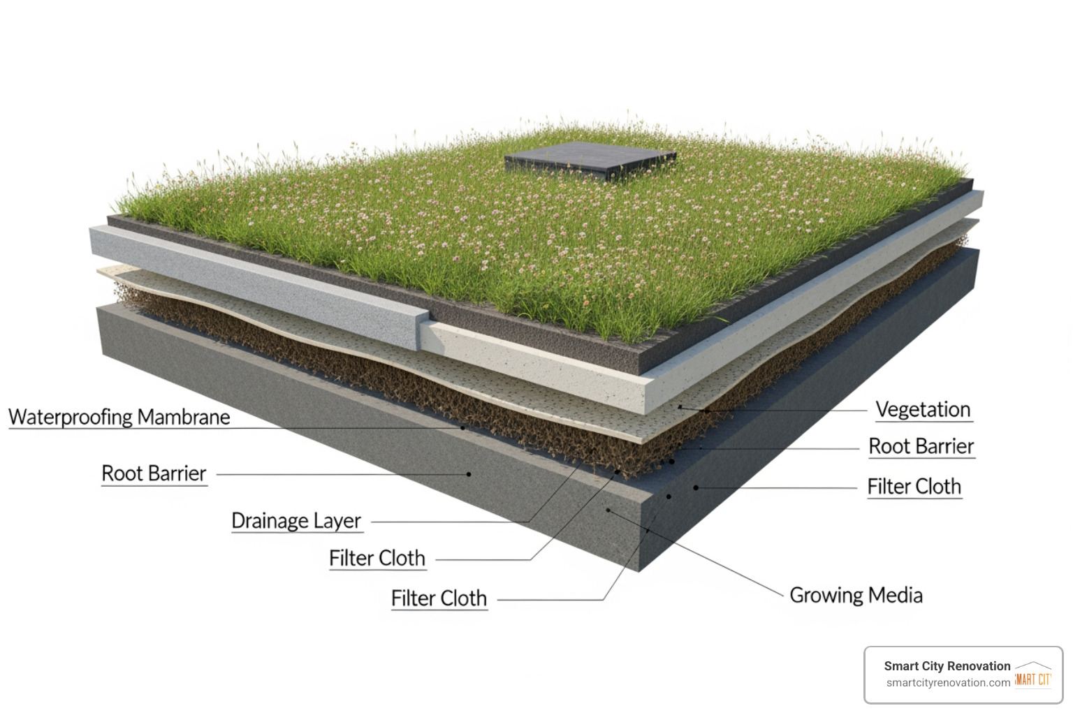 Anatomy of a green roof showing multi-layer roofing components Anatomy of a green roof showing multi-layer roofing components