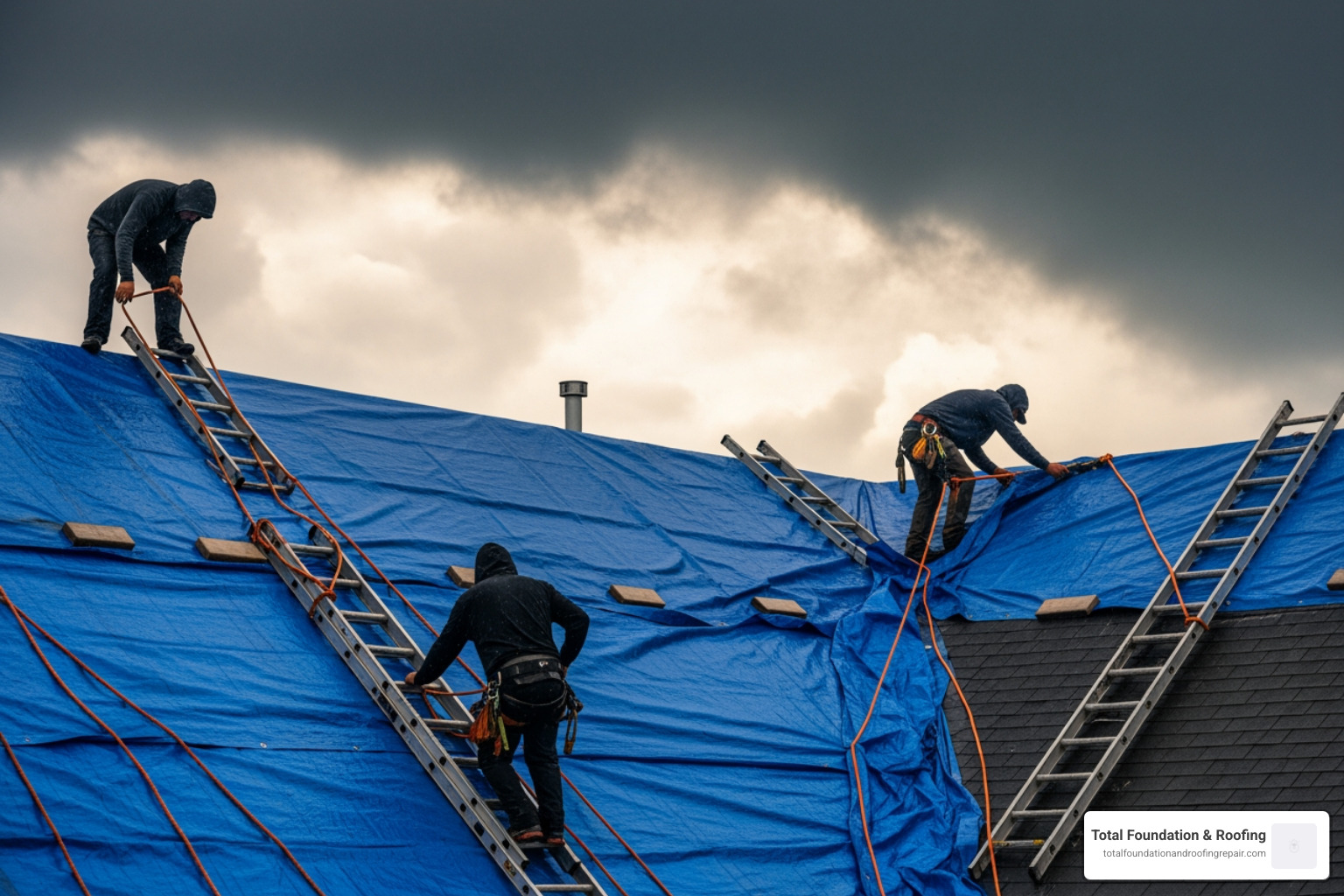Professional roof tarping being applied during a storm to prevent further water intrusion