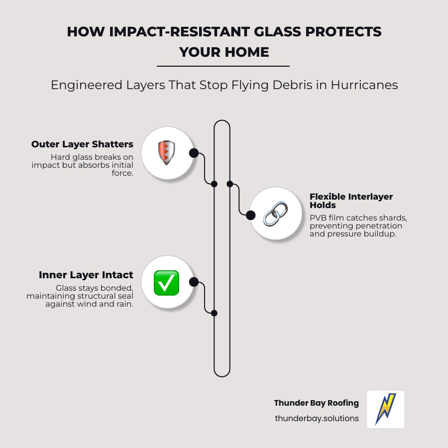 Infographic showing the layers of impact-resistant glass and how it protects against flying debris infographic Infographic showing the layers of impact-resistant glass and how it protects against flying debris infographic