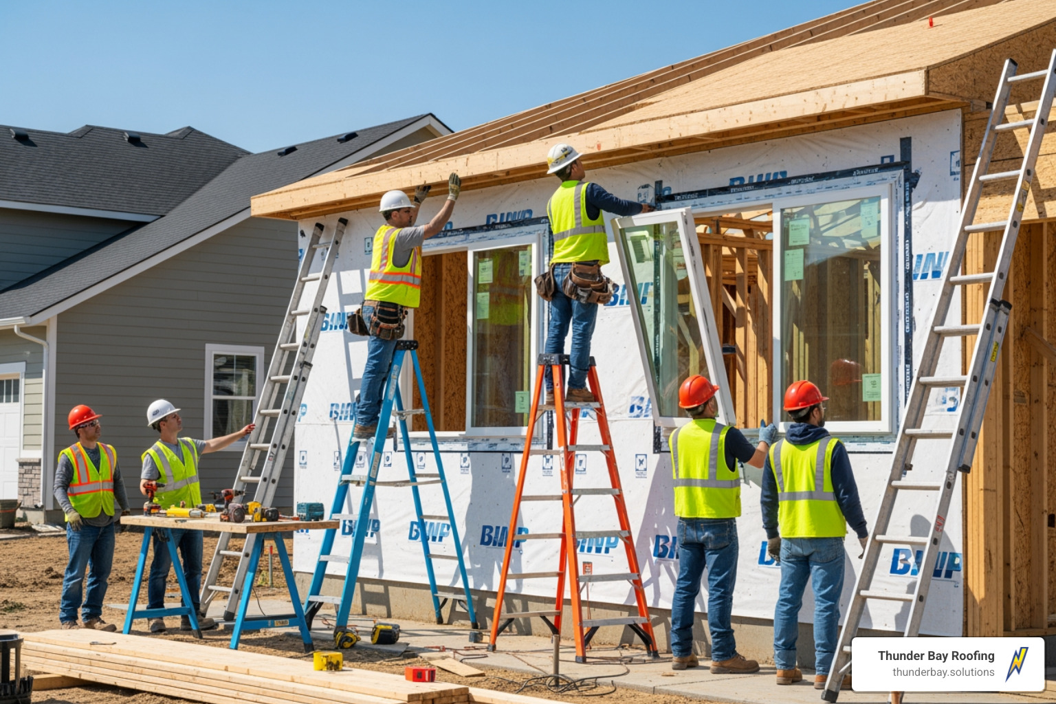 Expert team installing energy-efficient vinyl windows in a new construction project Expert team installing energy-efficient vinyl windows in a new construction project