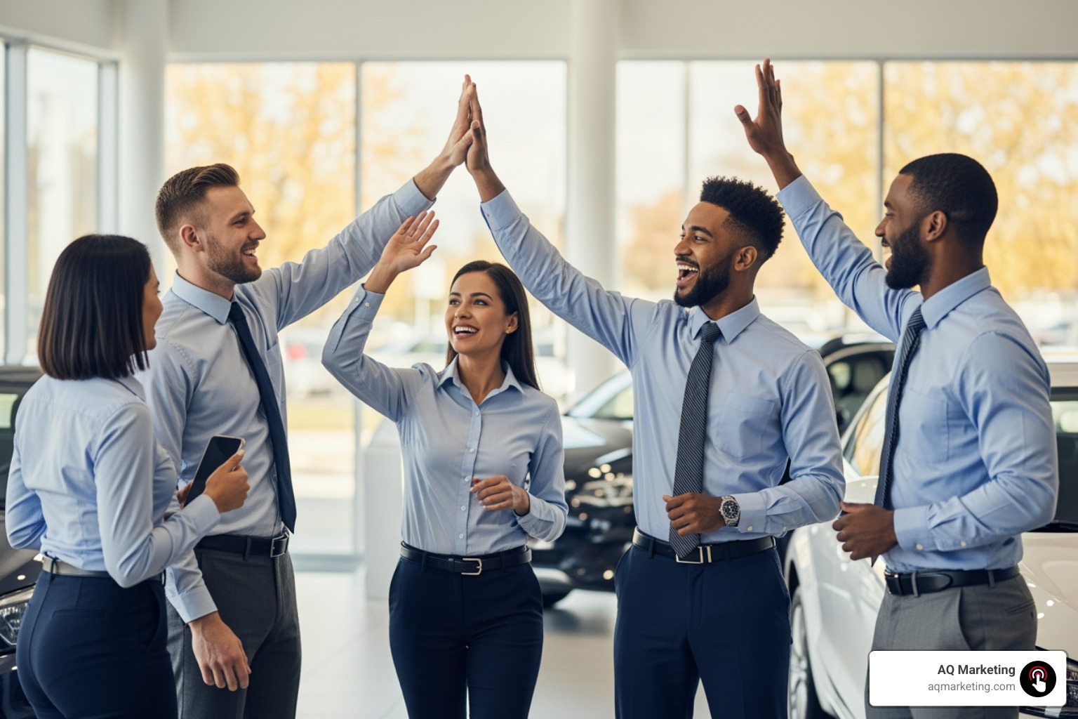 Sales team at a dealership celebrating a closed deal driven by digital leads Sales team at a dealership celebrating a closed deal driven by digital leads