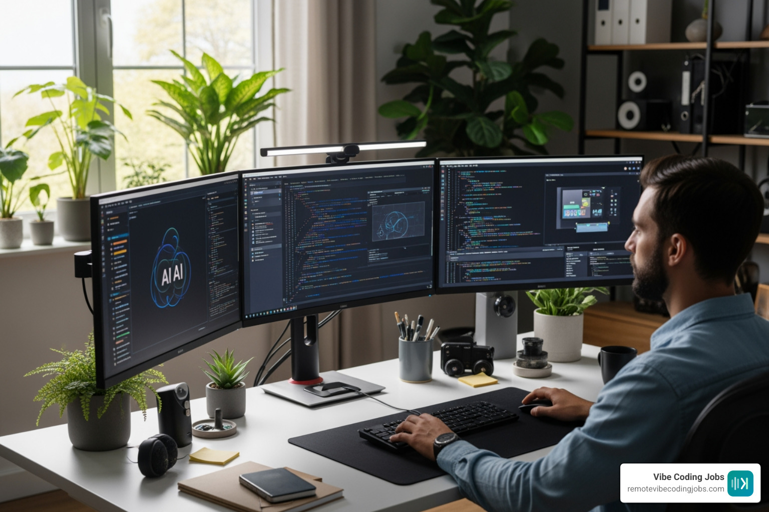 Developer in a 2026 remote workspace orchestrating multiple AI agents across three monitors Developer in a 2026 remote workspace orchestrating multiple AI agents across three monitors
