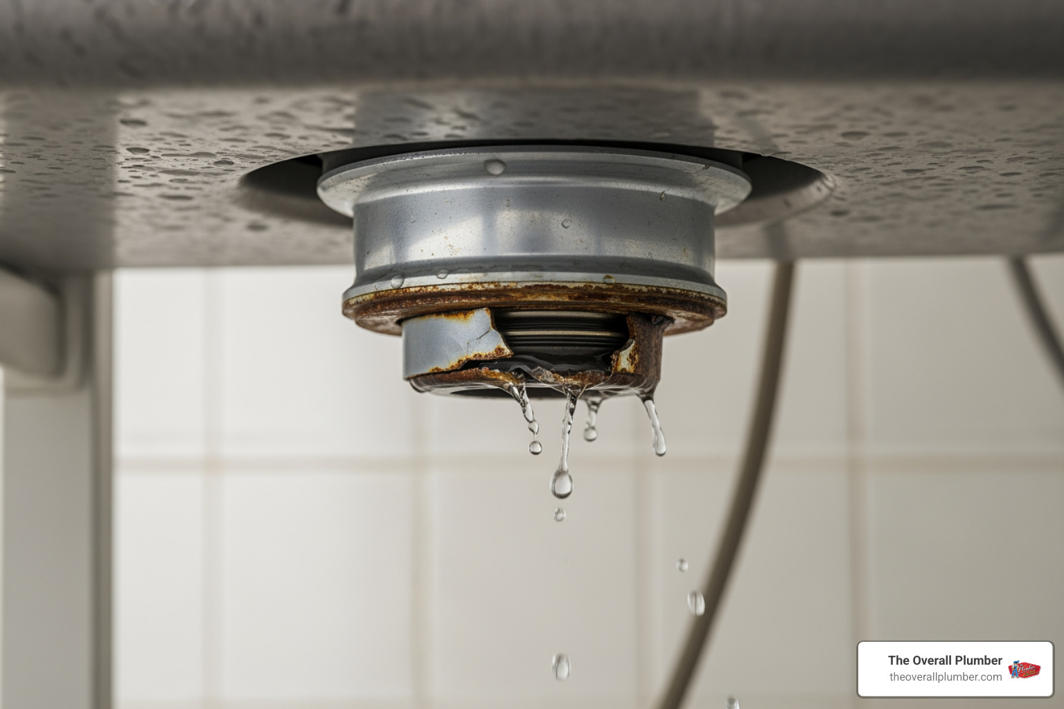 A cracked garbage disposal body showing signs of internal seal failure and water damage