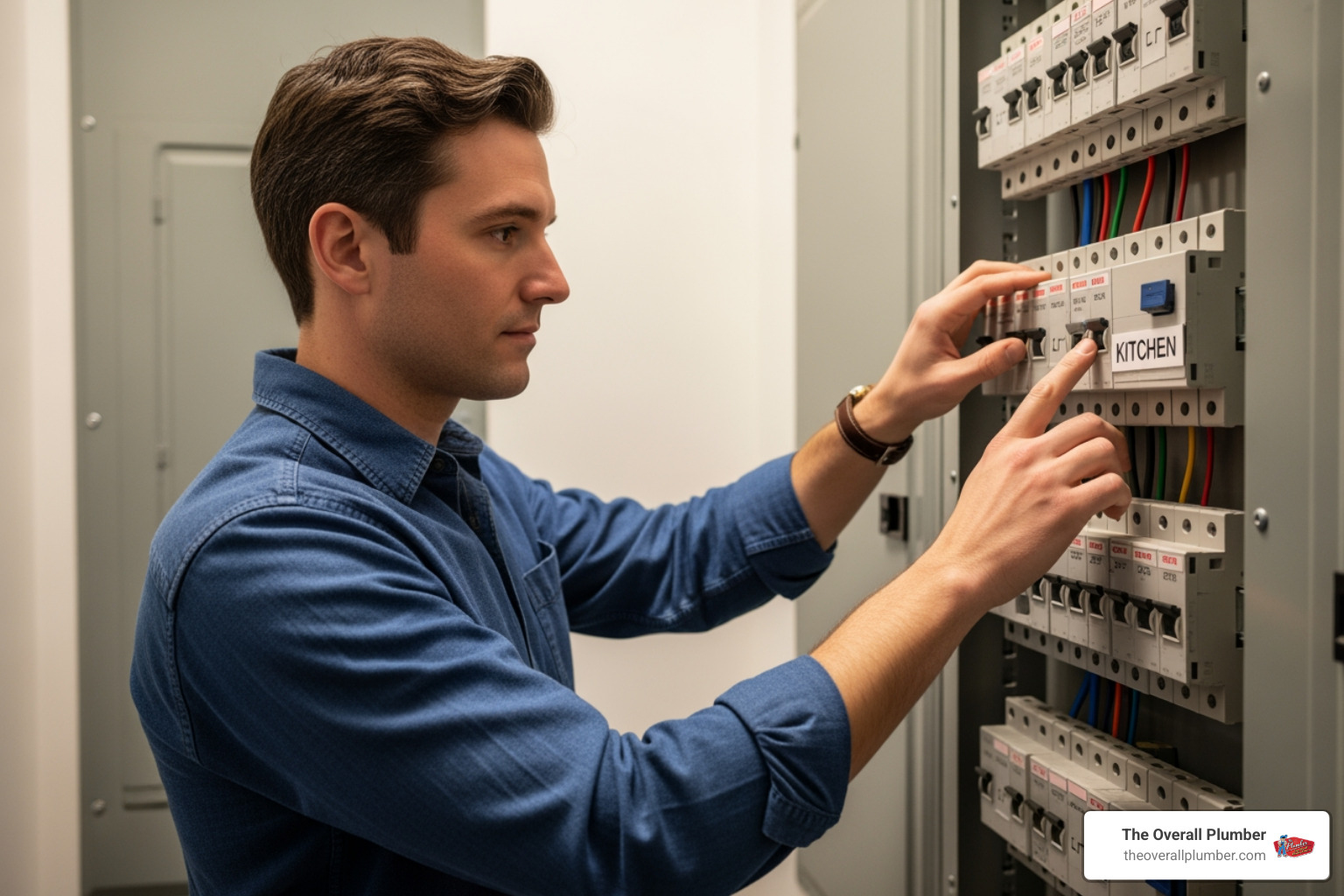 Homeowner turning off a circuit breaker to safely inspect a kitchen appliance
