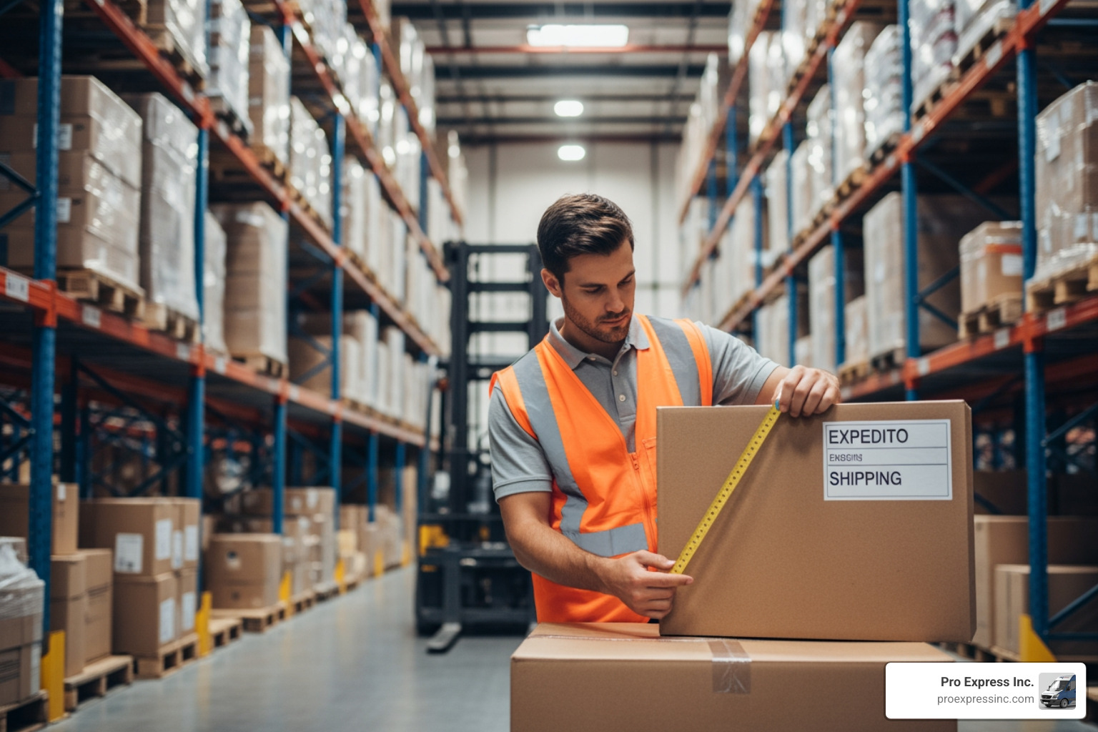 A professional logistics manager measuring a package for expedited shipping A professional logistics manager measuring a package for expedited shipping
