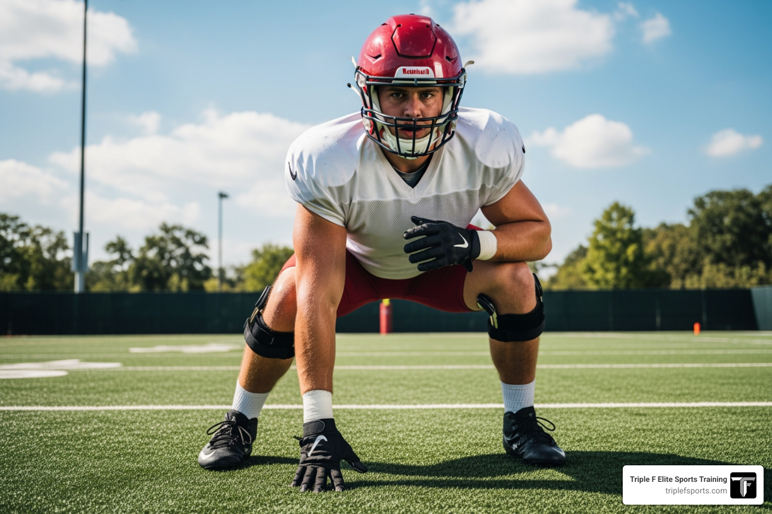 offensive lineman in a three-point stance training offensive lineman in a three-point stance training
