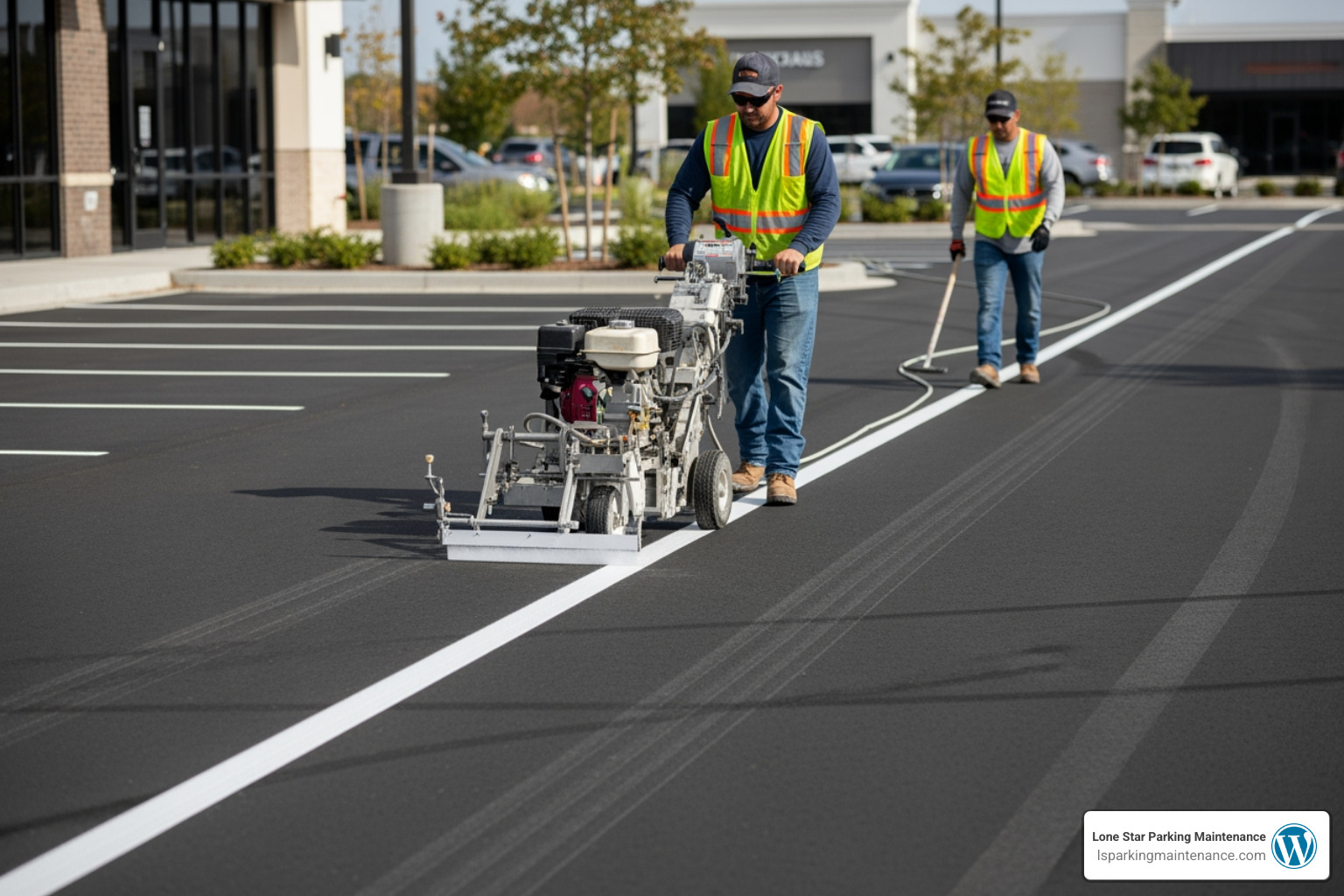 A professional crew using a striping machine to apply crisp, straight lines to a parking lot A professional crew using a striping machine to apply crisp, straight lines to a parking lot