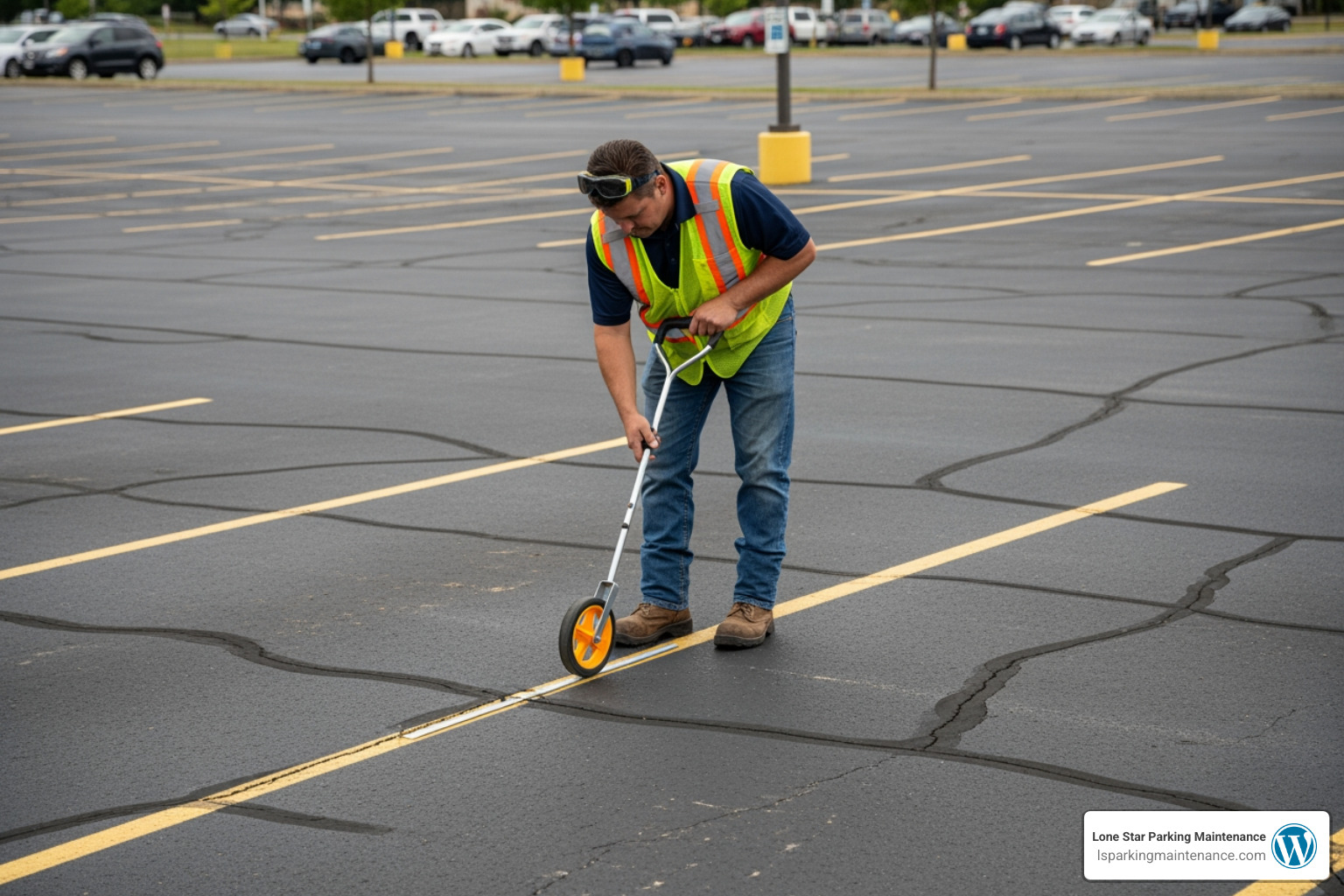 A professional technician using a measuring wheel to assess the length of asphalt cracks for an estimate A professional technician using a measuring wheel to assess the length of asphalt cracks for an estimate