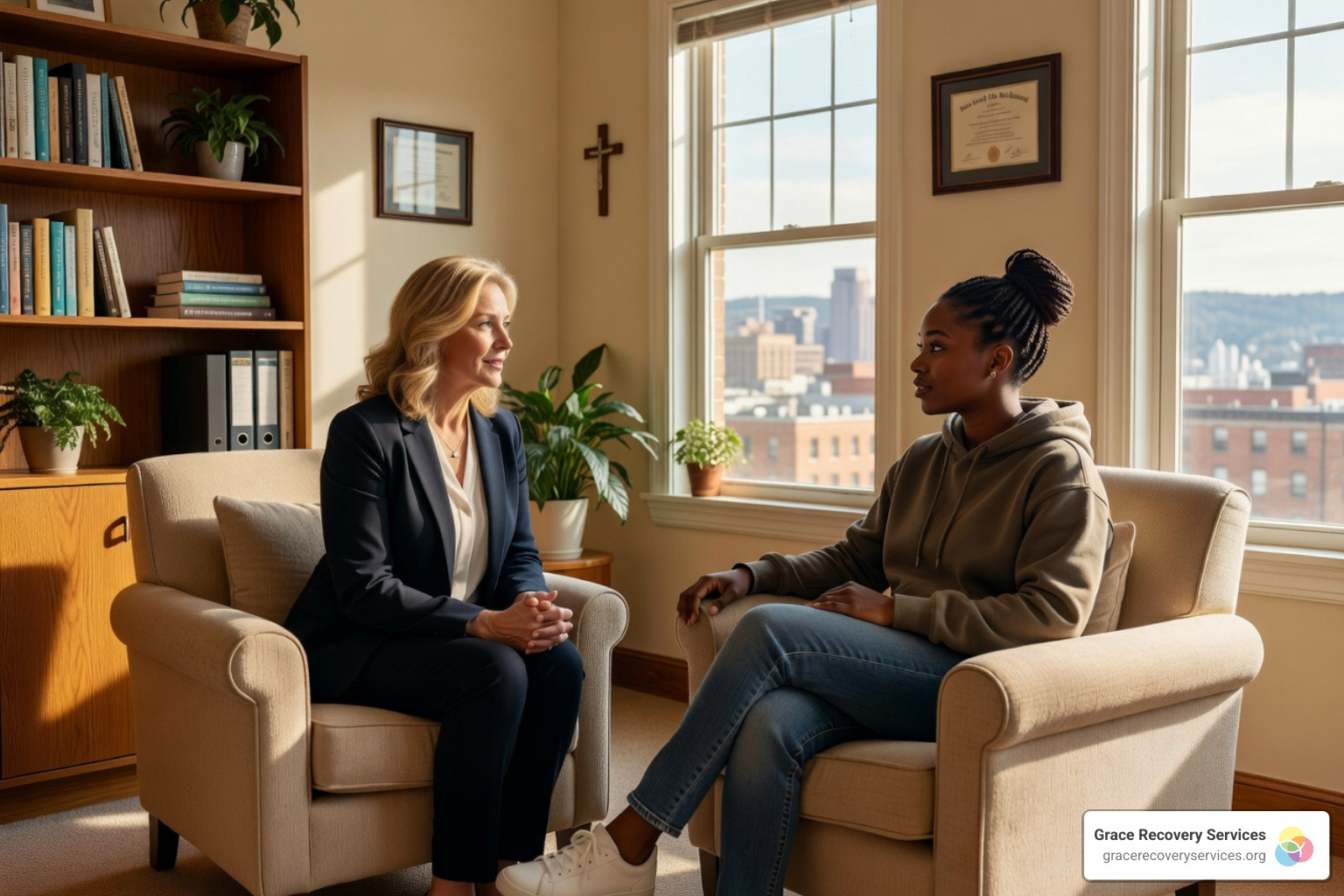 A client and counselor talking in a bright, hopeful office in Penn Hills - faith-based aftercare Pittsburgh PA A client and counselor talking in a bright, hopeful office in Penn Hills - faith-based aftercare Pittsburgh PA