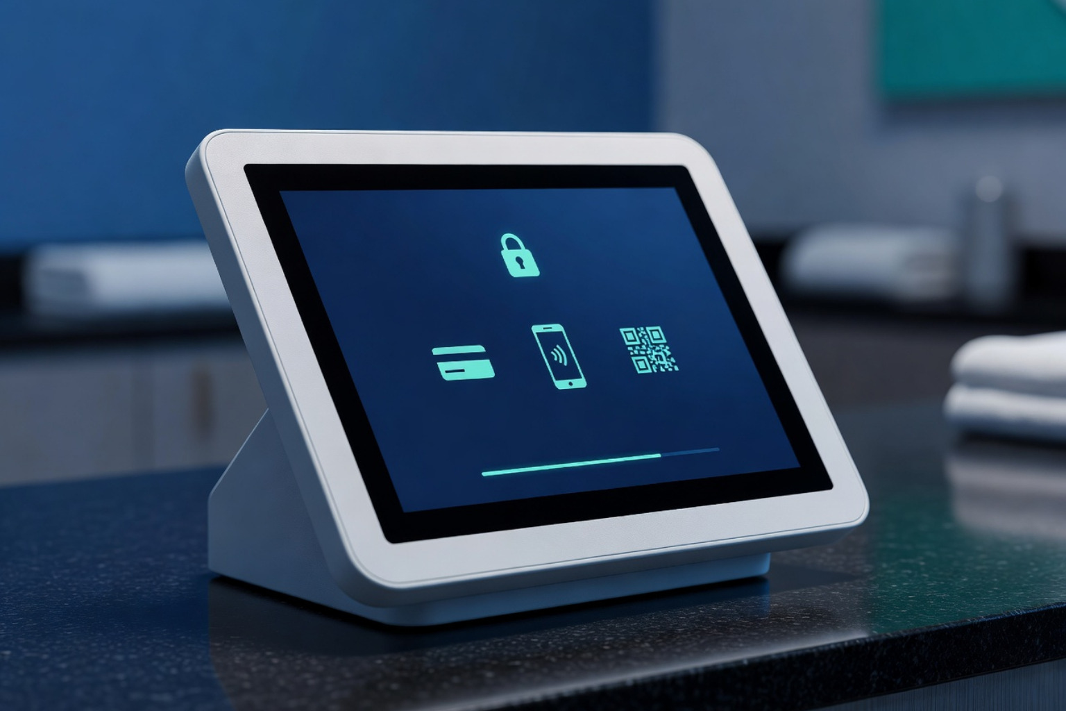 Modern, secure checkout counter in a professional med spa environment Modern, secure checkout counter in a professional med spa environment