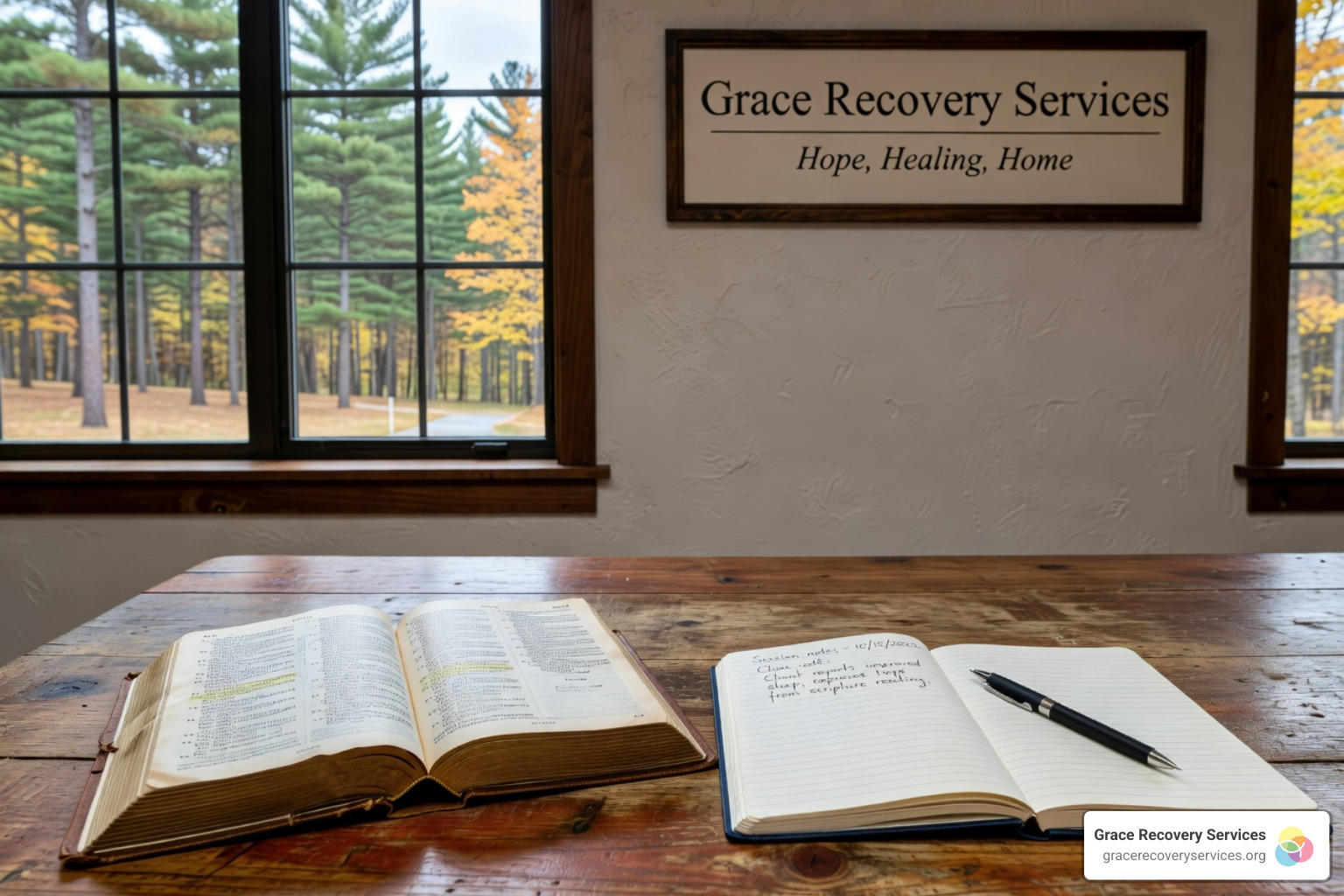 Bible next to a clinical notebook symbolizing the integration of faith and science - Western PA Christian rehab