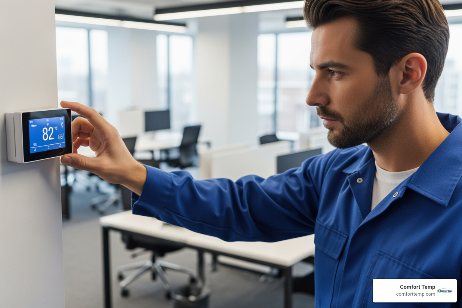Professional technician in a blue uniform inspecting a digital thermostat in a commercial office showing 82 degrees Professional technician in a blue uniform inspecting a digital thermostat in a commercial office showing 82 degrees