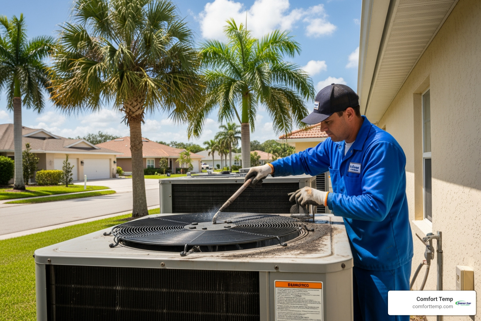 Technician in a blue uniform cleaning commercial condenser coils on a Middleburg property Technician in a blue uniform cleaning commercial condenser coils on a Middleburg property