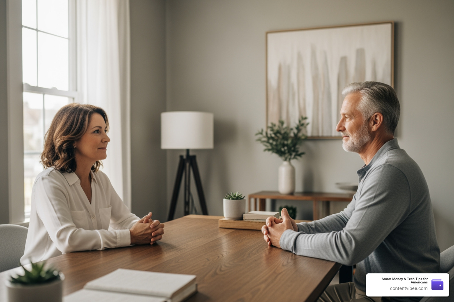 A couple sitting across from each other in a calm mediation setting A couple sitting across from each other in a calm mediation setting