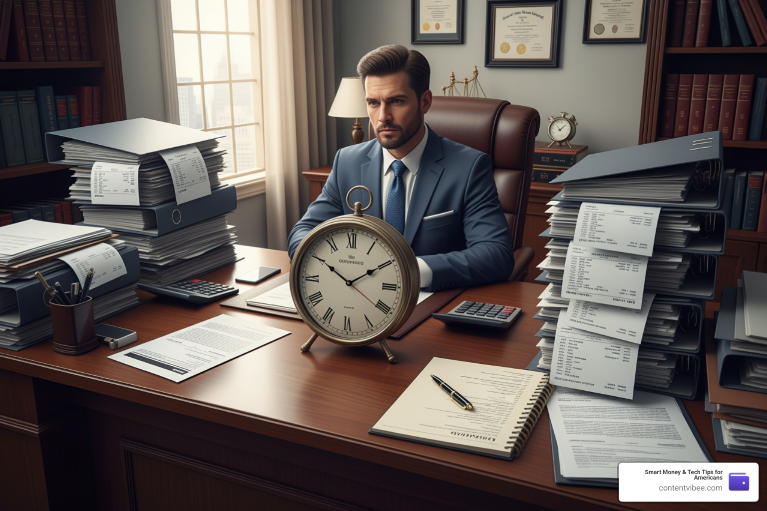 An attorney billing for hourly services with a clock and paperwork An attorney billing for hourly services with a clock and paperwork