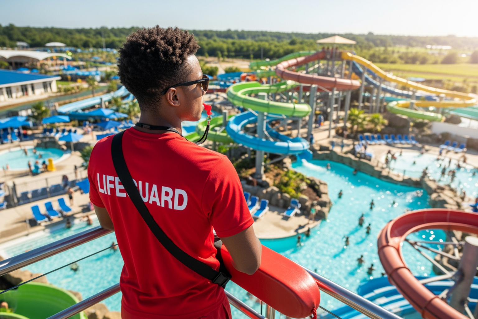Lifeguard overlooking a crowded water park with blue slides and pools on a sunny day