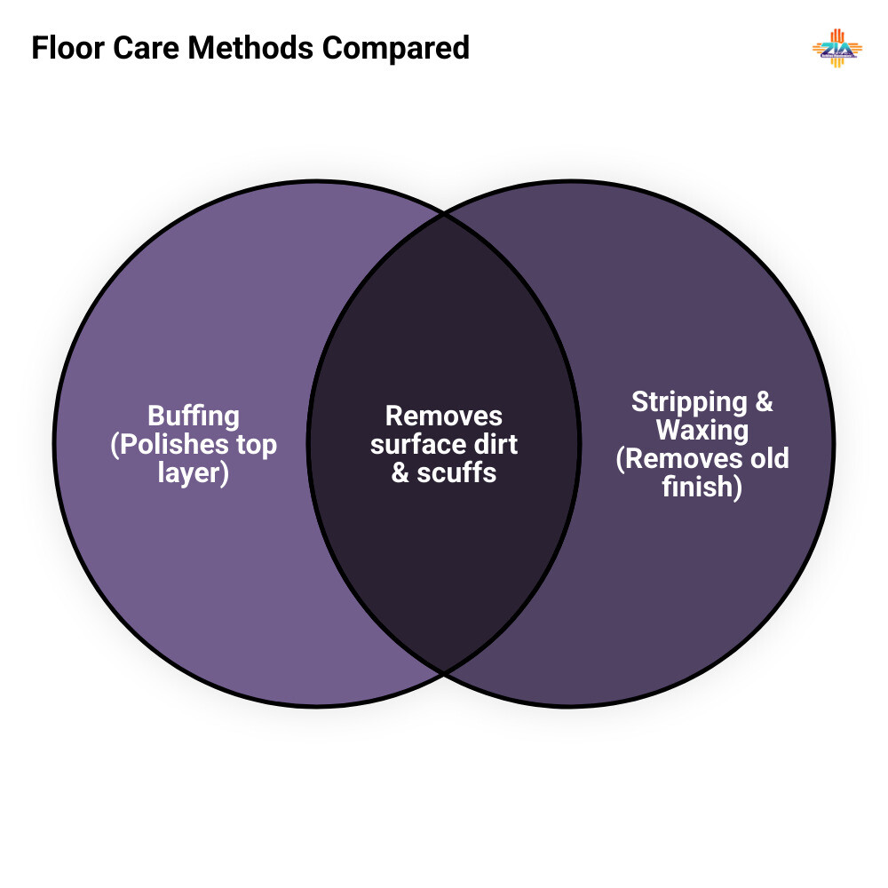 Infographic showing differences between floor buffing, stripping, and waxing processes infographic Infographic showing differences between floor buffing, stripping, and waxing processes infographic