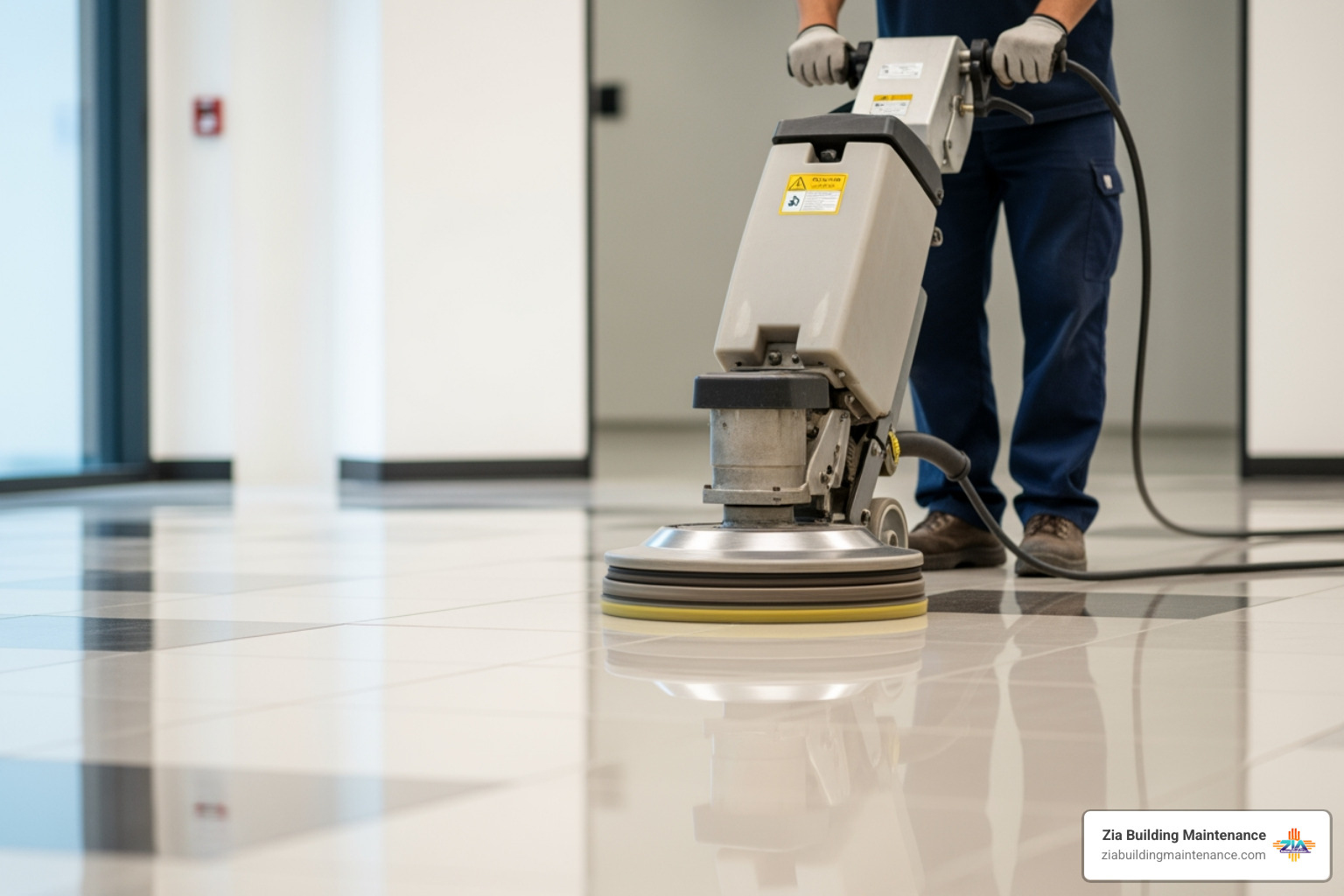 High-speed floor buffer being used on a commercial floor surface High-speed floor buffer being used on a commercial floor surface