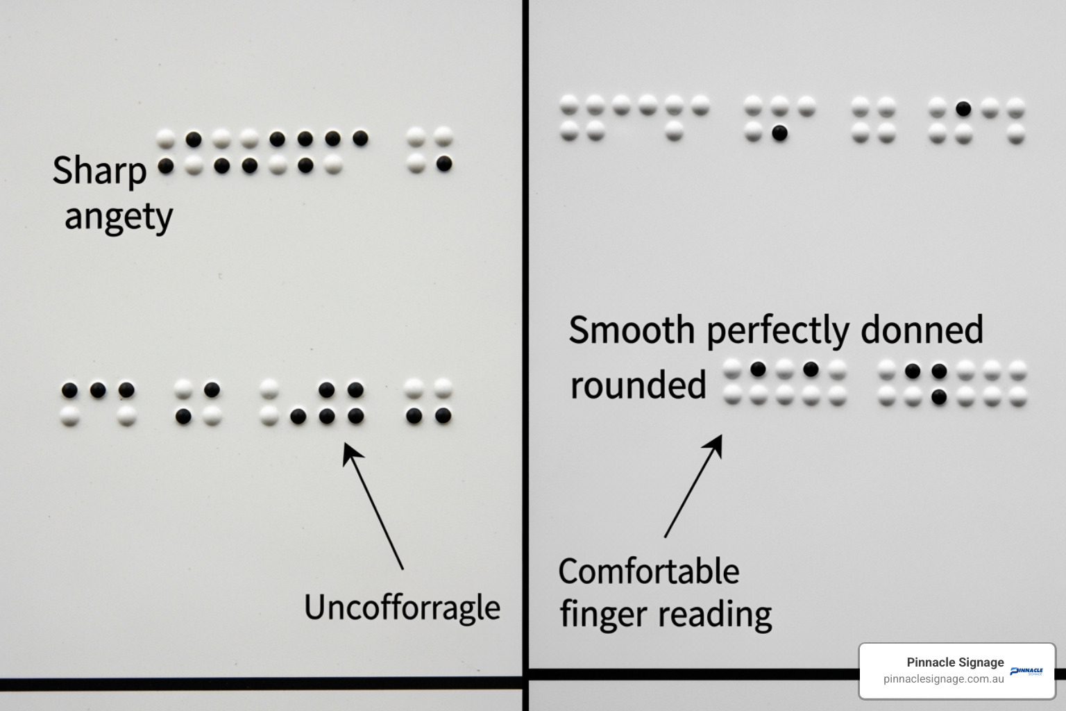 A comparison of tactile quality in braille signage, showing the difference between sharp, uncomfortable dots and smooth, rounded dots.