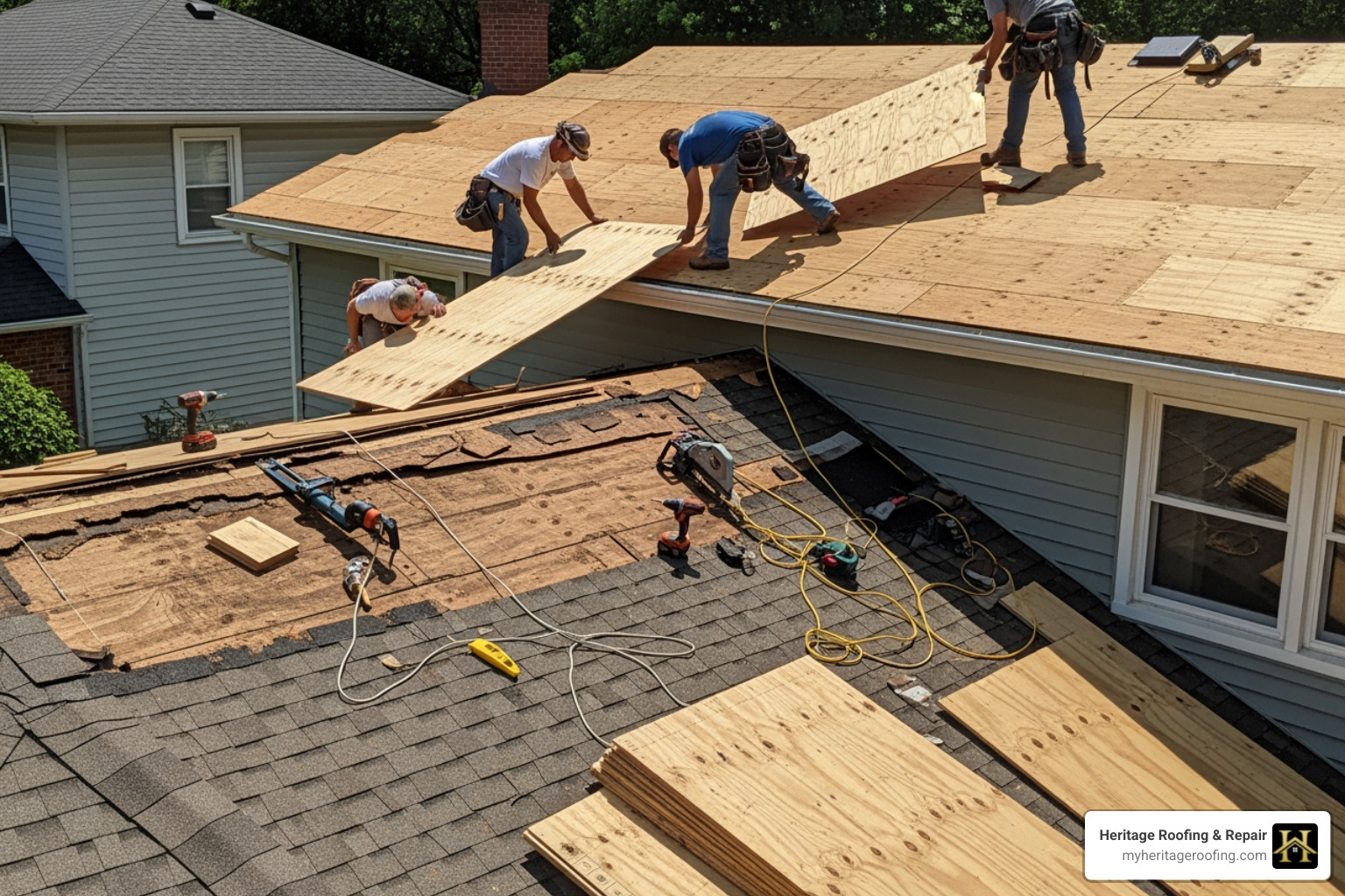 Rotted roof decking being replaced with new plywood sheets Rotted roof decking being replaced with new plywood sheets