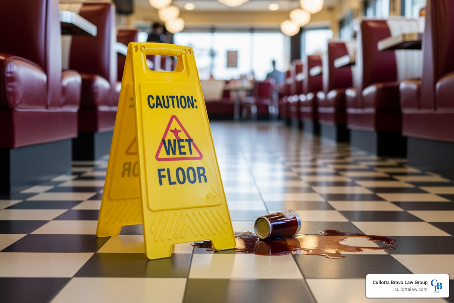 Yellow "Caution: Wet Floor" sign positioned near a spilled drink on a restaurant tile floor