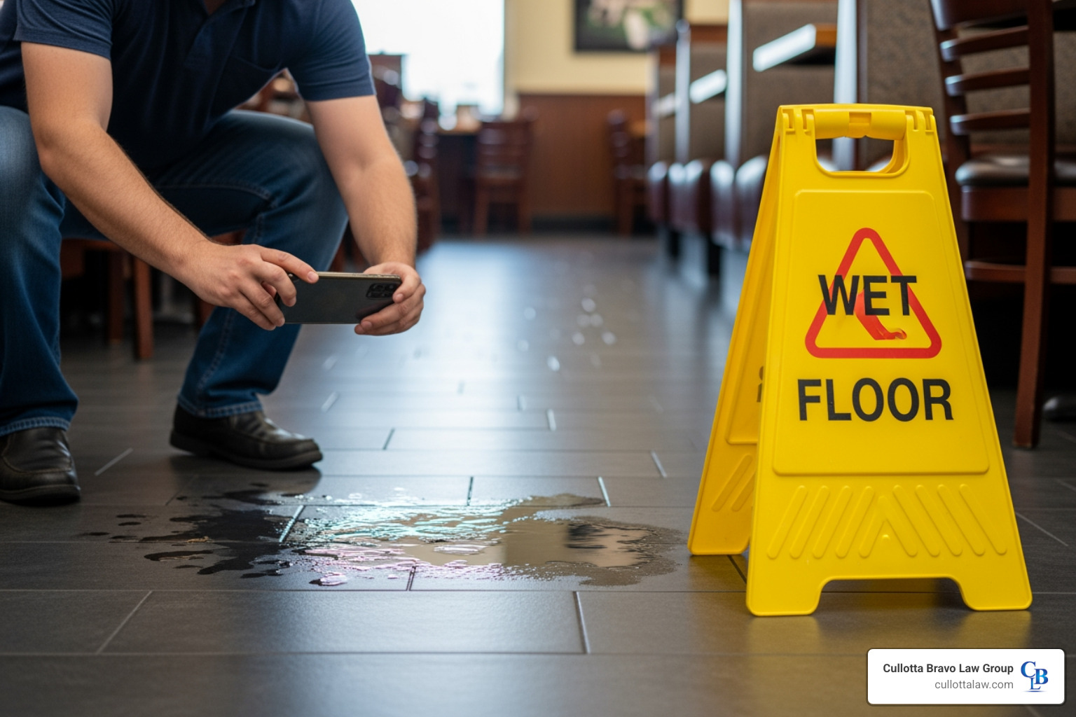 Patron using a smartphone to take a close-up photo of a liquid spill on a restaurant floor