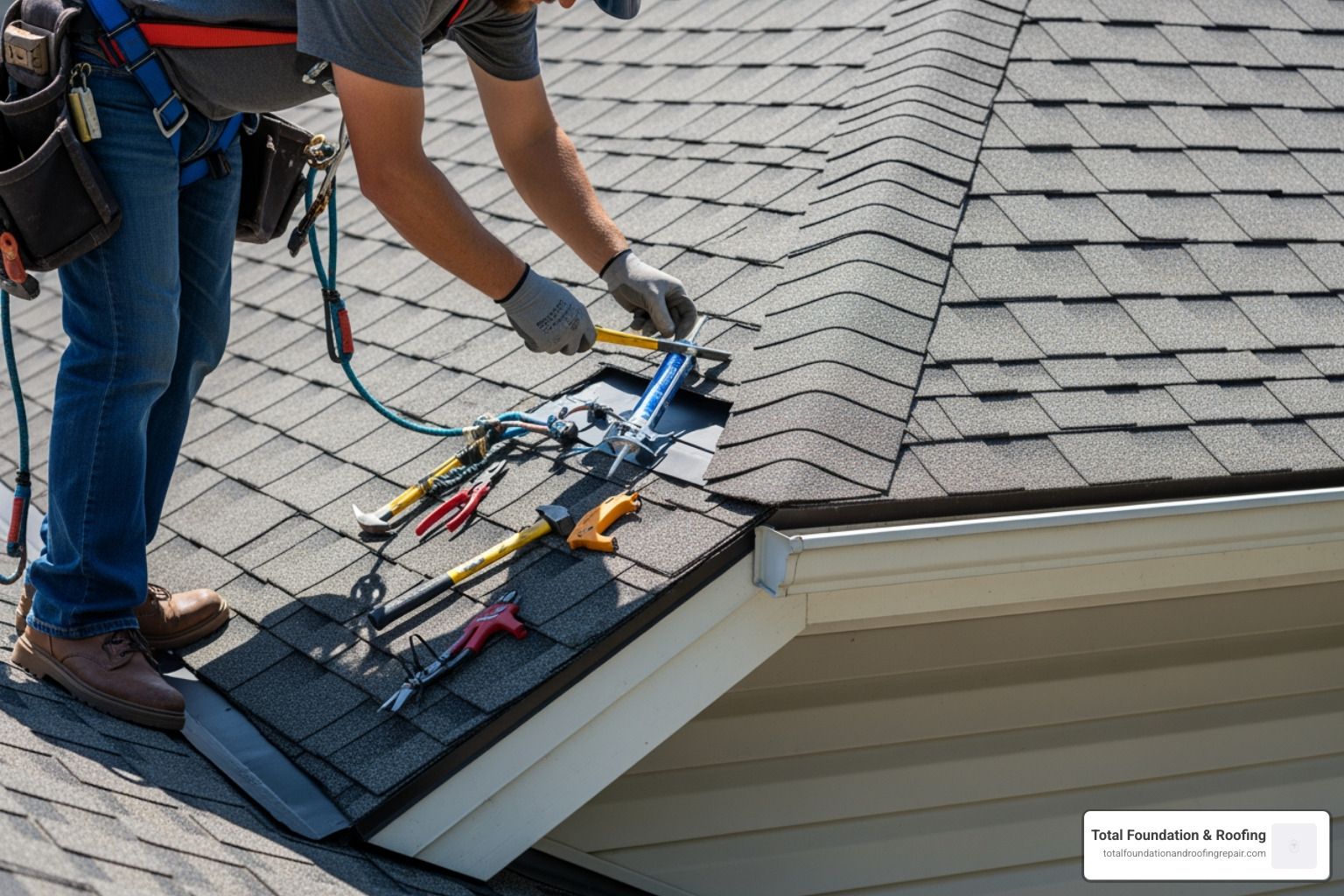 Professional roofer installing step flashing at a sidewall intersection Professional roofer installing step flashing at a sidewall intersection