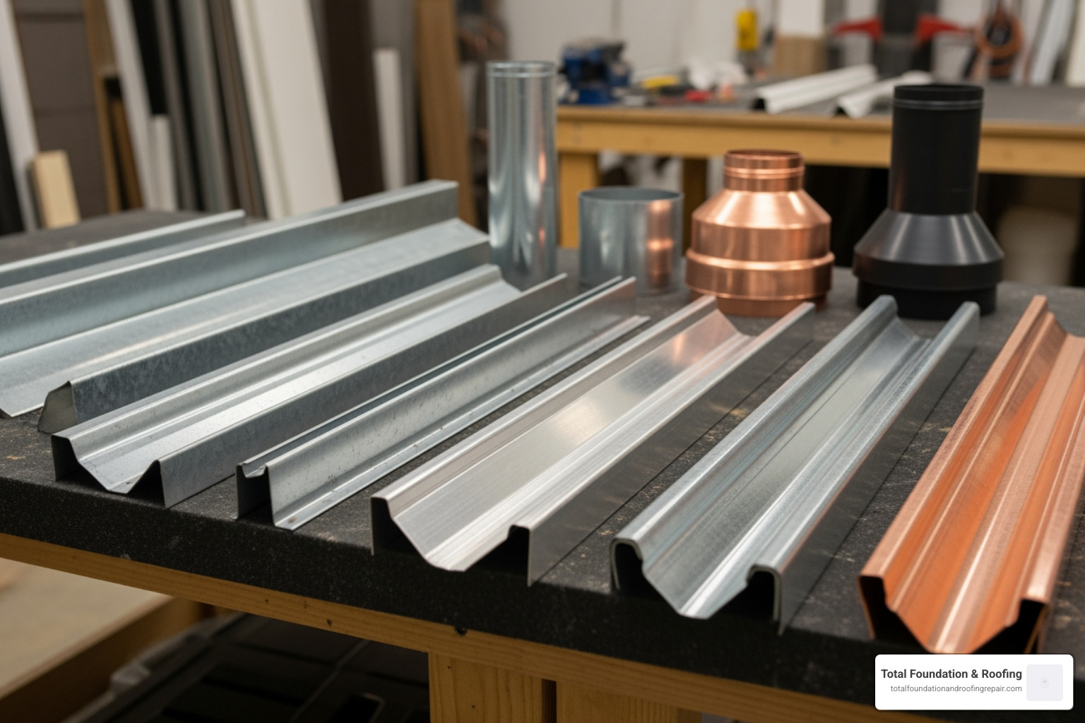 Various metal flashing components including drip edge and step flashing Various metal flashing components including drip edge and step flashing