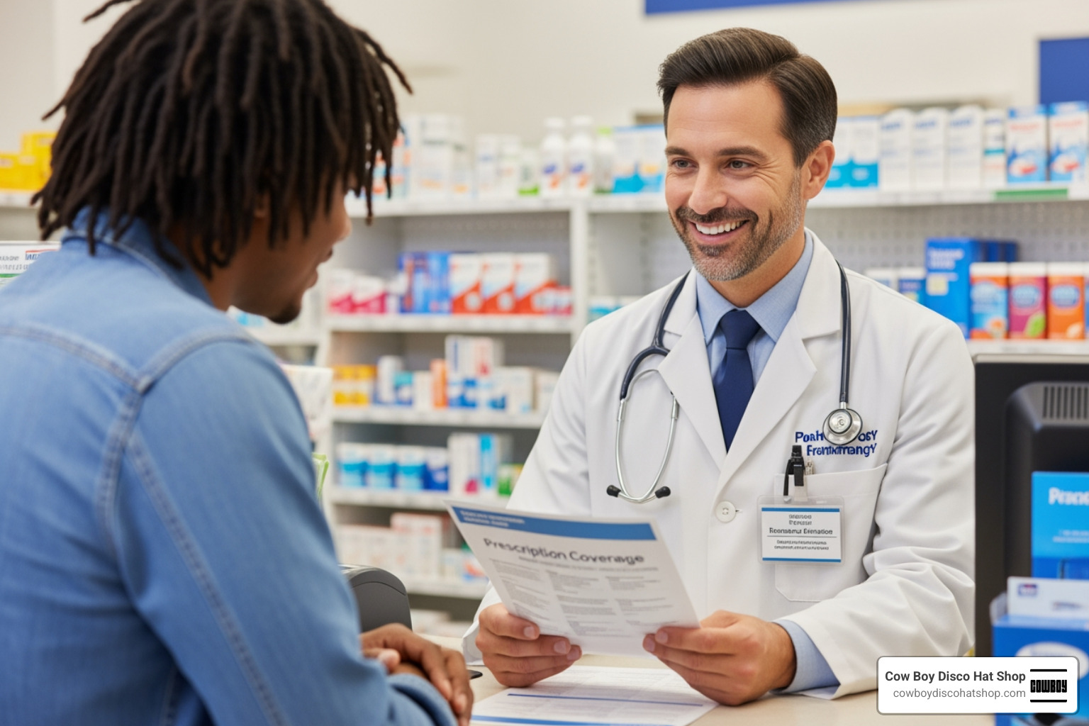 A pharmacist explaining prescription coverage to a customer