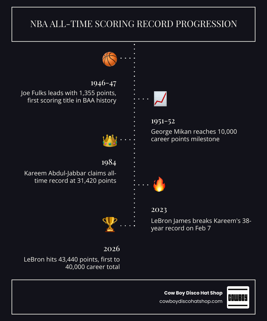 Infographic showing NBA career scoring record progression from Joe Fulks in 1946 to LeBron James in 2026 infographic