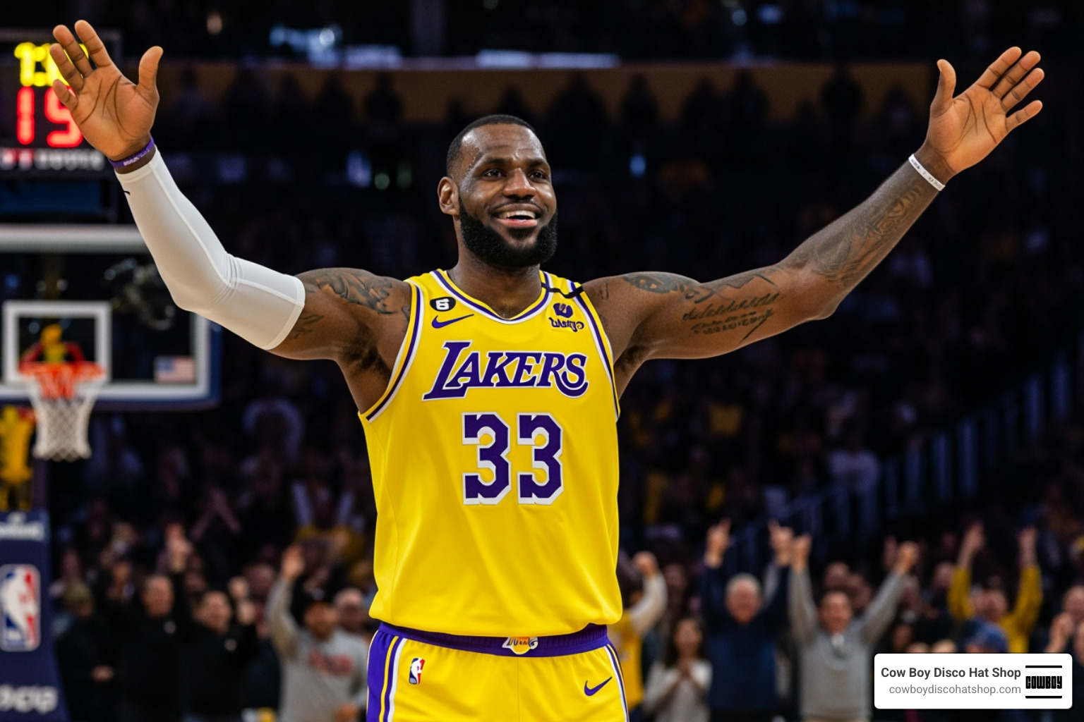 LeBron James celebrating a basket after reaching 43,000 points
