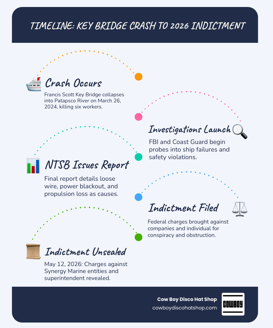 Timeline from 2024 Key Bridge crash to 2026 federal indictment of Synergy Marine and Nair infographic