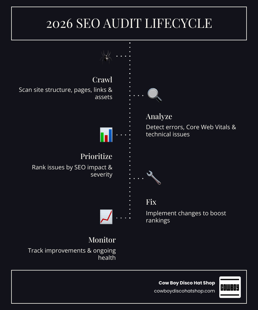 Infographic showing the 2026 SEO audit lifecycle from crawl to fix to monitor infographic
