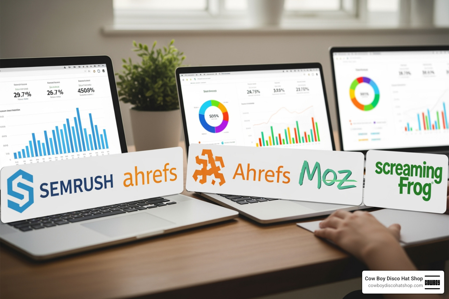 Various SEO tool logos and performance charts showing site health scores