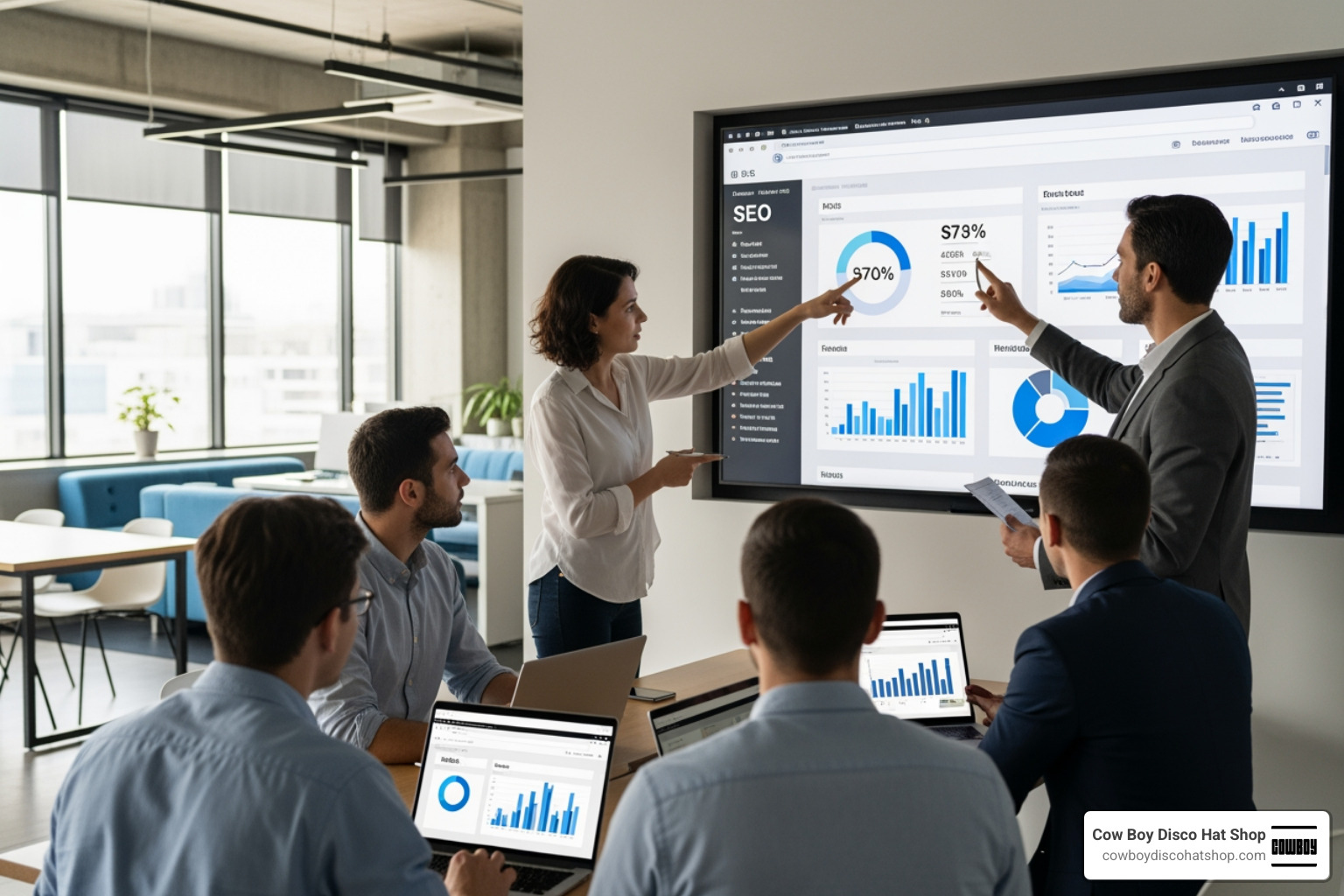 Marketing team in a bright office analyzing website data on a large screen