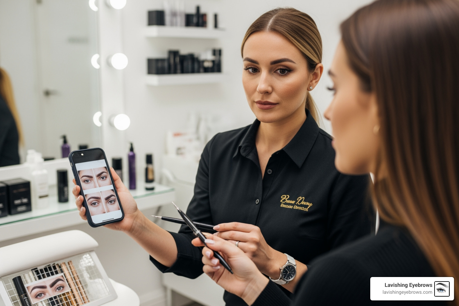 Client showing reference photos on a phone to a brow specialist during a consultation
