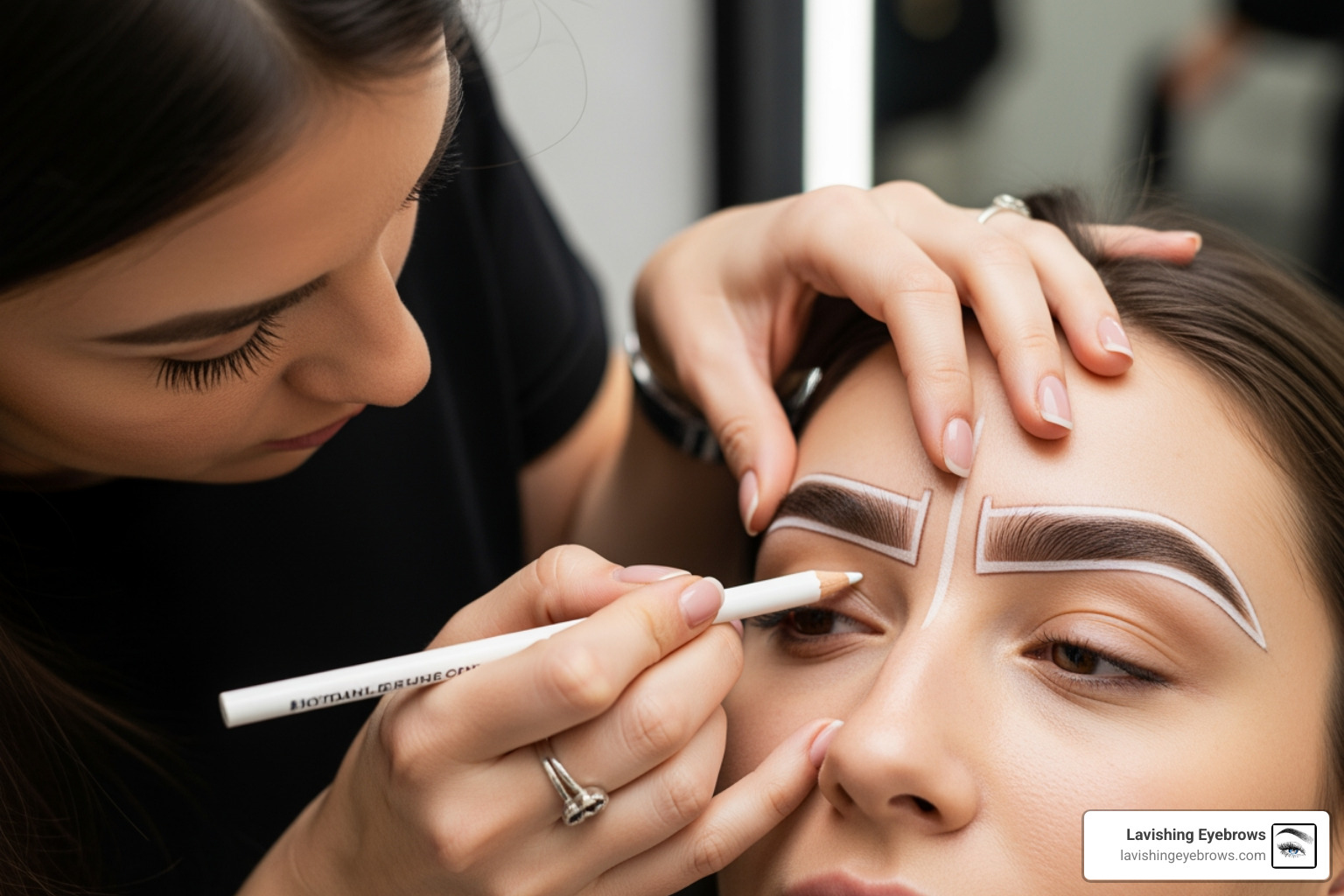 Artist drawing brow mapping marks on a client's face to ensure symmetry