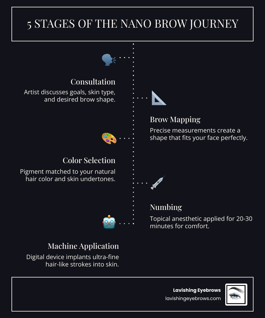 5 stages of the nano brow journey: consultation, mapping, numbing, machine application, aftercare infographic 5 stages of the nano brow journey: consultation, mapping, numbing, machine application, aftercare infographic