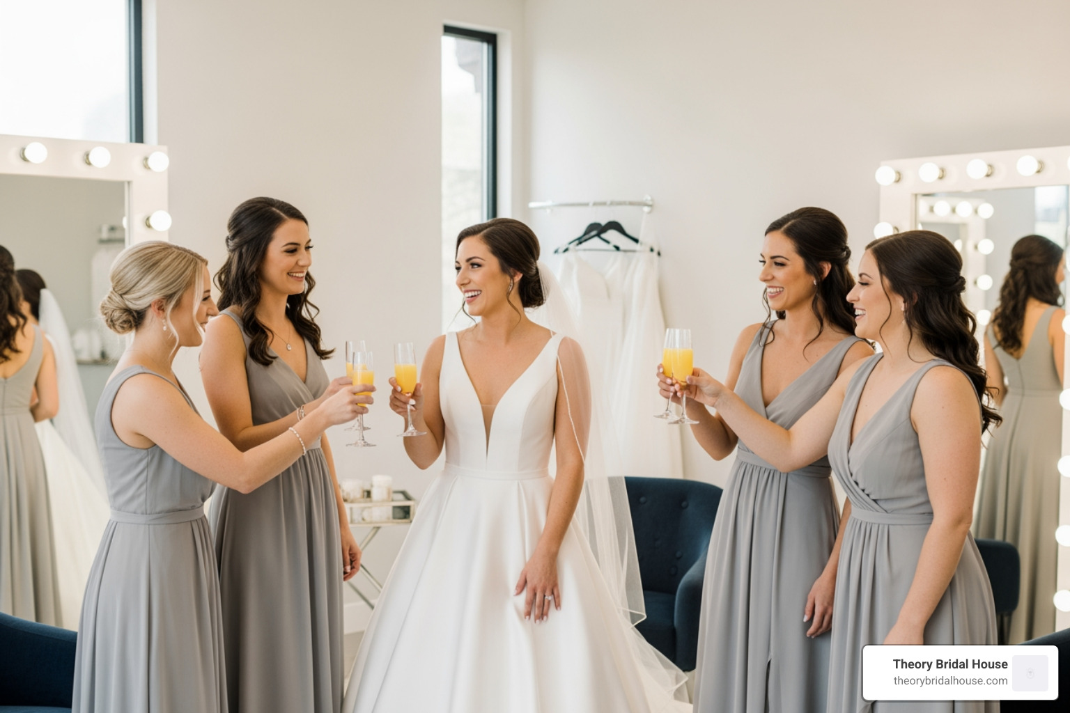 A bride and her bridesmaids celebrating with mimosas in a private bridal suite A bride and her bridesmaids celebrating with mimosas in a private bridal suite