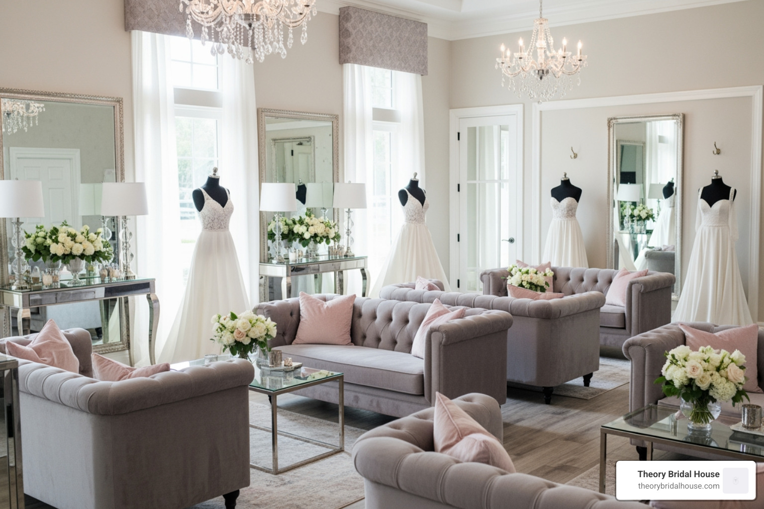 A luxury bridal suite in Winter Park featuring plush seating and elegant gown displays A luxury bridal suite in Winter Park featuring plush seating and elegant gown displays