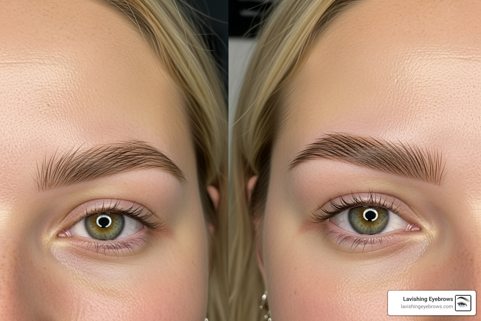 Blonde brow transformation showing sparse natural hair vs. healed microbladed strokes