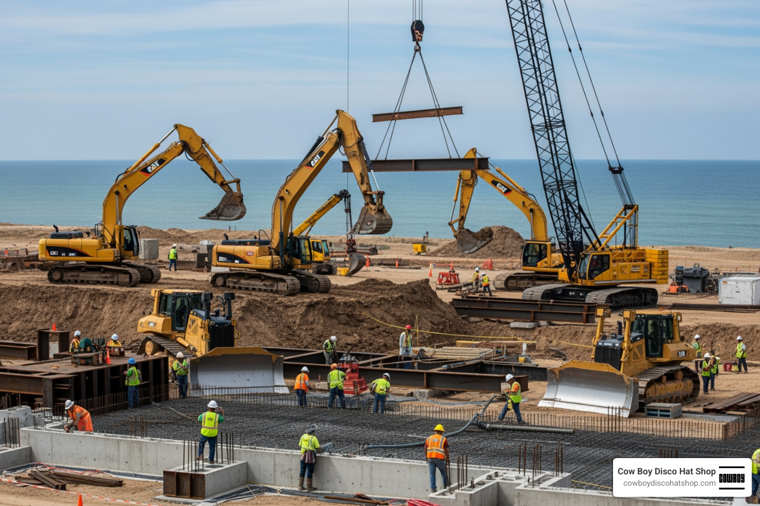 Heavy machinery and construction crews working on the reconstruction of Pad 0-A at Wallops Island