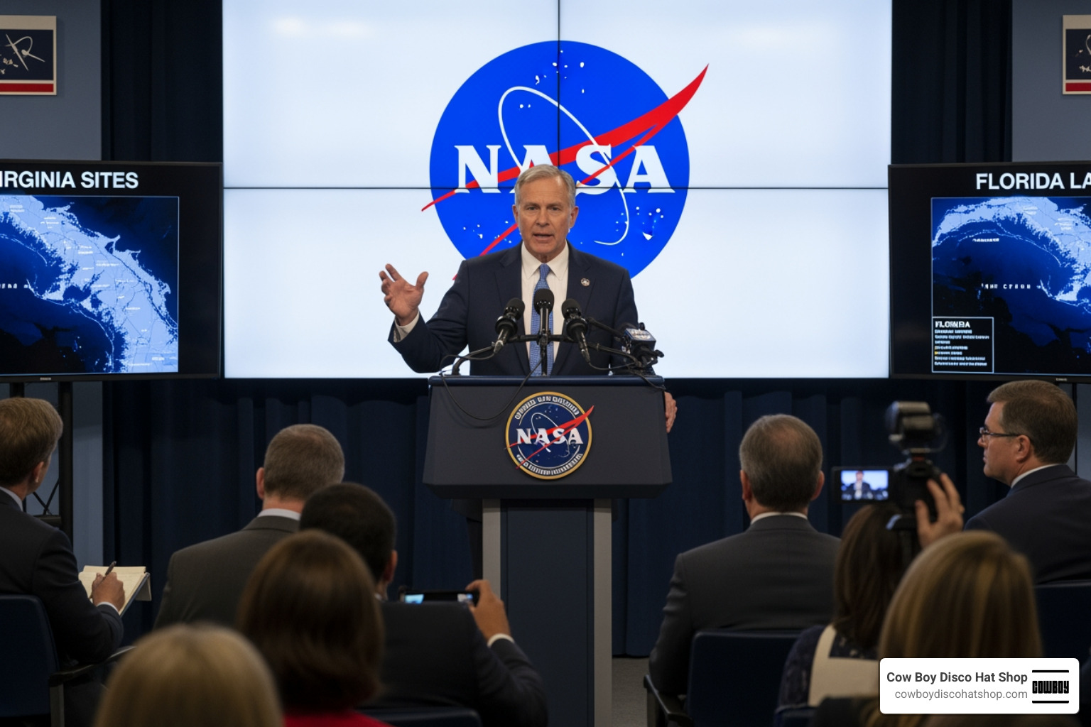 Brian Hughes speaking at a NASA press briefing about launch coordination between Virginia and Florida