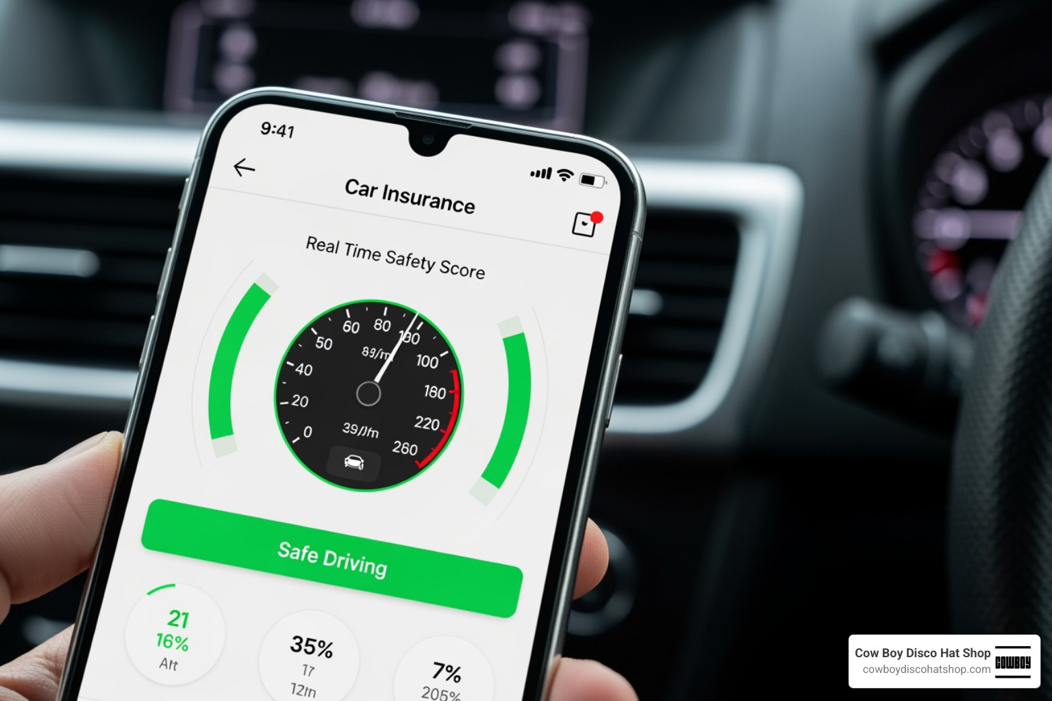 Modern insurance mobile app interface showing real-time safety scores