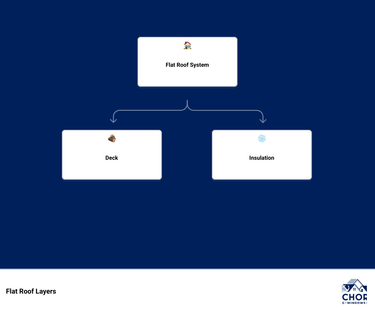 Diagram showing the layers of a flat roof system including deck, insulation, membrane, and drainage infographic